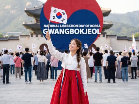 Young woman in traditional korean hanbok dress holding a small south korean flag during gwangbokjeol national liberation day celebration in front of gyeongbokgung palace with a crowd of people