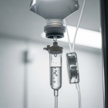 Close-up of a sterile saline solution IV drip bag and tubing in a hospital setting