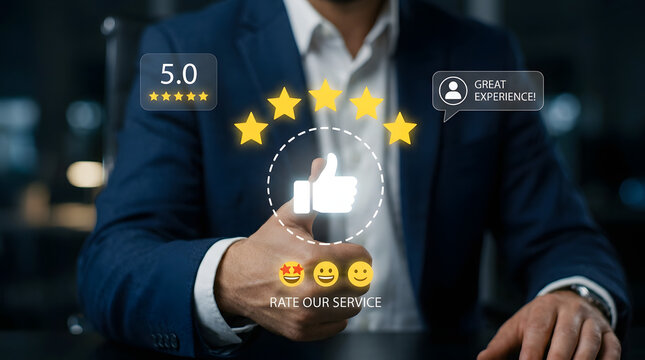 Professional giving positive service feedback with digital thumbs with testimonial speech bubble indicating great experience service rating five stars