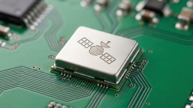 Close up of satellite module on green circuit board showing detailed electronic connections and components