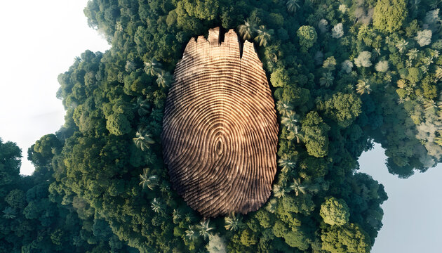 Giant wooden fingerprint pattern in lush green forest. Human impact and environmental identity. Aerial drone view of nature conservation concept