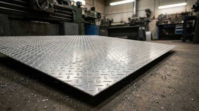 Close-up of textured aluminum diamond plate flooring in an industrial workshop setting