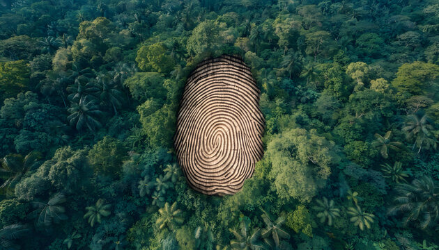 Fingerprint shaped clearing carved into a tropical green rainforest. Human trace and ecological protection. High angle view of natural forest landscape