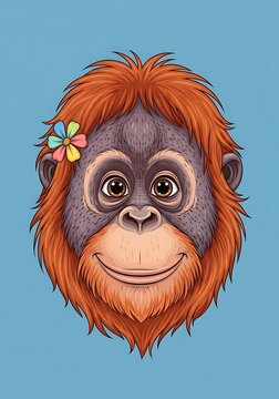 Cute Smiling Cartoon Orangutan Face with Colorful Flower