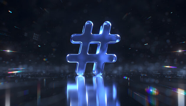 Glassy 3D hashtag symbol floating in dark space with lens flare. Digital search tags and social media branding. Glass hashtag icon shining with light