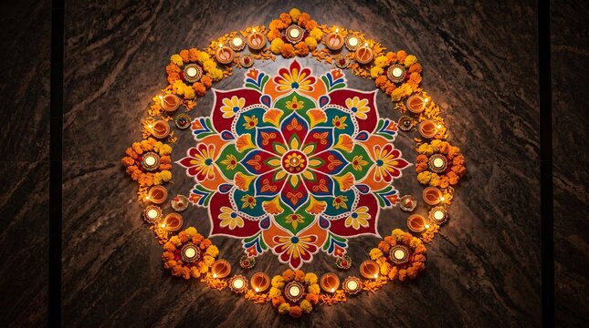Colorful mandala rangoli art design on dark background