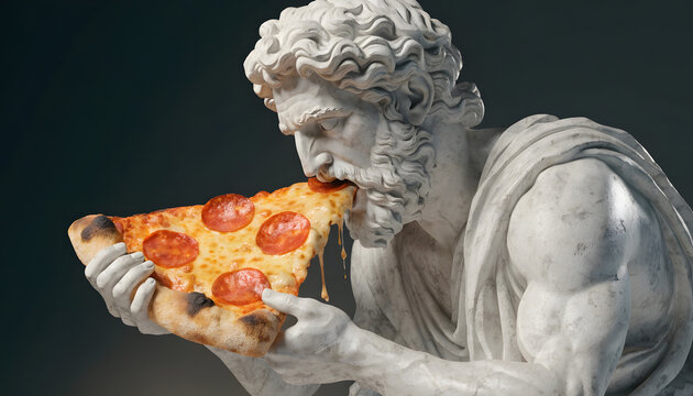 Classical Greek statue eating a slice of pizza. Funny art mashup and junk food cravings. Marble statue figure taking a big bite of cheesy pepperoni pizza