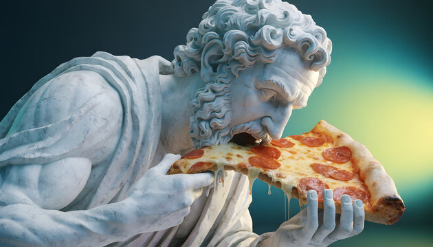 Marble Greek sculpture enjoying pepperoni pizza. Humorous pop culture art and fast food temptation. Ancient stone statue biting into a large slice of cheesy pizza