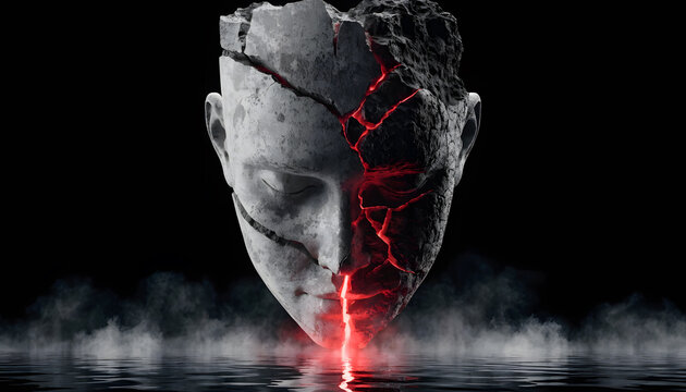 Split cracked marble head sculpture glowing with red magma. Inner turmoil and psychology concept. Broken stone face figure emitting bright red light over dark water