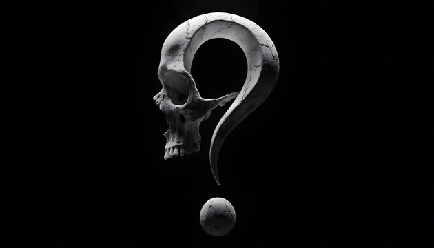 Human skull morphed into a large question mark. Pondering mortality and philosophical inquiry concept. Bone skull sculpture shaped like a question mark over black studio background