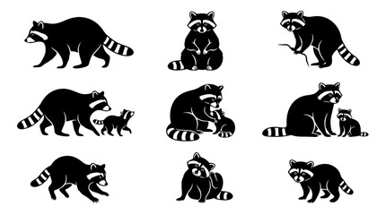 Obraz premium Set of black raccoon silhouettes in different poses and mother with baby raccoon illustrations