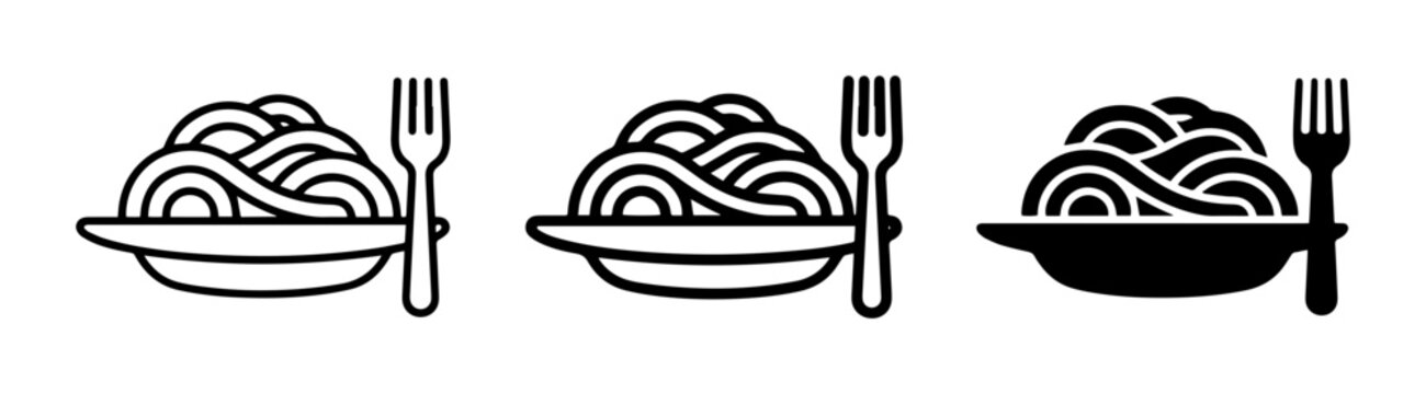 Spaghetti Icons: Plate, Fork, and Noodles Set, Simple Line Art and Silhouette Variations