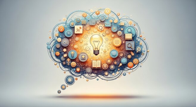 Conceptual cloud filled with glowing light bulb and digital icons representing innovation and creative ideas