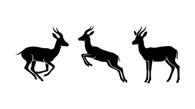 Set of black antelope silhouettes featuring jumping running and standing poses on white background