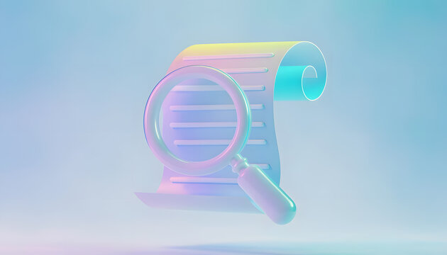 Glowing iridescent document scroll with magnifying glass. Search engine optimization and data research. Magnifying glass focusing on written document on pastel background.