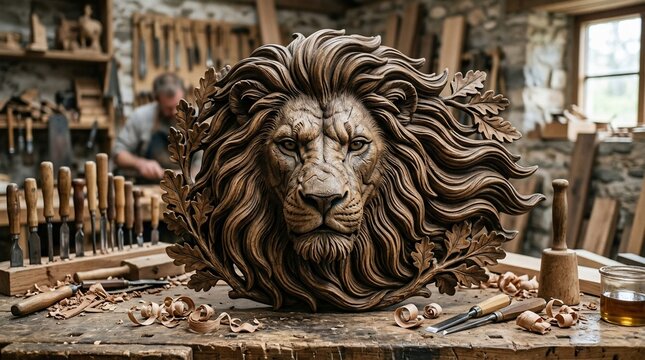 Wooden lion carving