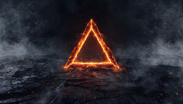Fiery glowing portal triangle on cracked dark ground. Futuristic portal and dramatic energy portal. Triangular flame gateway standing on dark cracked stone surface with smoke.