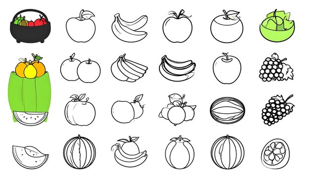 Colorful vector icons of various fruits and vegetables.
