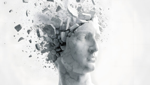 Marble statue head shattering and exploding into small pieces. Stress release and mental breakdown concept. Human bust fragmenting dynamically
