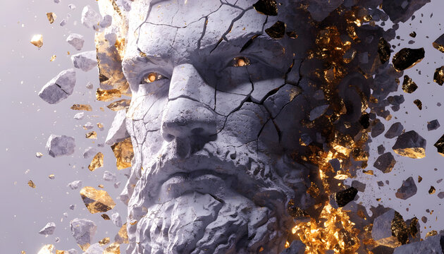 Close up of a cracked stone sculpture head shattering with gold embers. Pressure release and mental breakdown concept. Ancient statue breaking into floating rocks