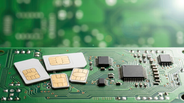 Sim cards on green circuit board with microchips and electronic components in close up view