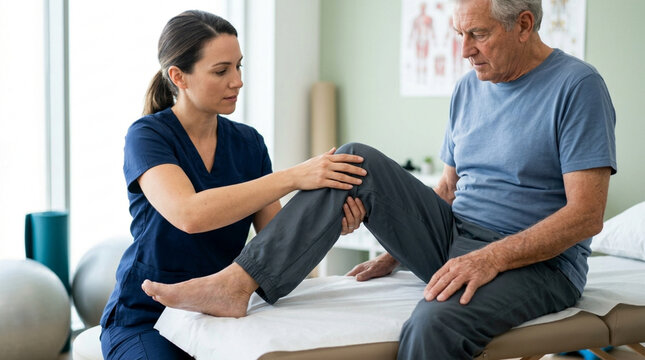 Physical therapist assisting senior man with knee rehabilitation exercise