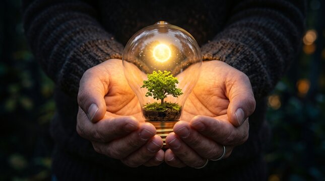 Hands holding a glowing glass lightbulb with a miniature tree and sun inside for green energy concept