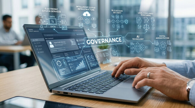 Digital Governance: Person typing on laptop with holographic interface