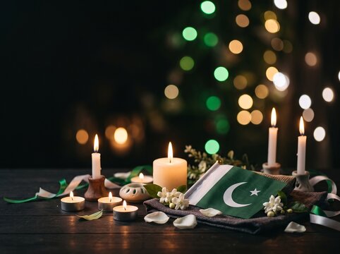 Pakistan Independence Day celebration with glowing candles and national flag on dark wooden table