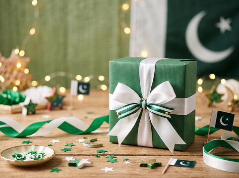 Elegant green gift box with white ribbon on rustic wooden table for festive celebration