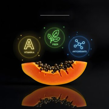 Papaya slice with vitamin and supplement icons for health and wellness. Nutrient-rich tropical fruit symbolizing immunity and nutrition concepts.