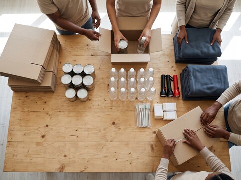 Team of volunteers packing hygiene kits and medical supplies for disaster relief aid distribution