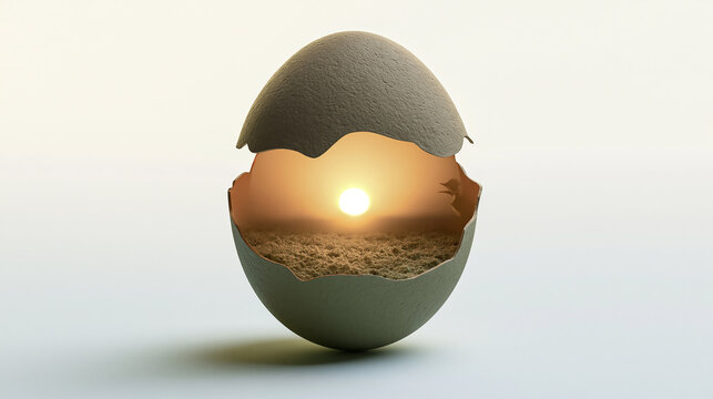 Broken textured egg revealing a peaceful desert landscape with a glowing sun inside, isolated on transparent background, representing hidden worlds and the creative spark of new life.