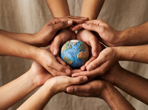 Diverse hands holding Earth globe symbolizing unity and environmental protection collaboration