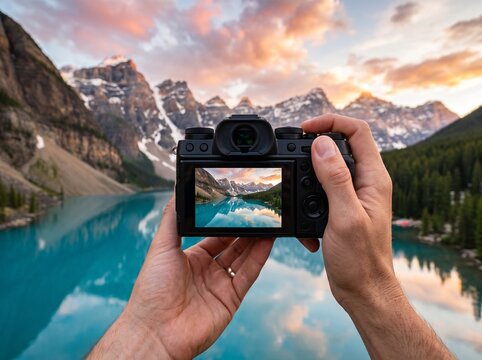 Hands holding DSLR camera framing scenic mountain lake at golden sunset hour reflection