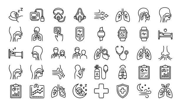 Sleep Apnea and Respiratory Health Outline Icons Set with CPAP Lungs Breathing and Healthcare Symbols