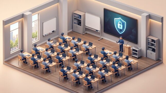 Isometric classroom scene with figures and security shield screen representing cybersecurity awareness training