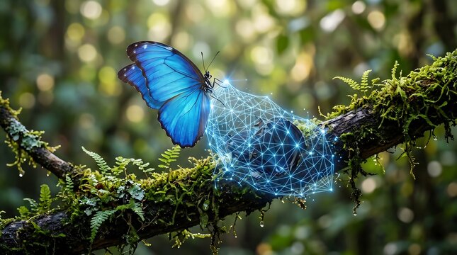 A vibrant blue morpho butterfly emerging from a glowing blue digital wireframe cocoon on a mossy tree branch in a rainforest, representing digital transformation, artificial intelligence in nature.