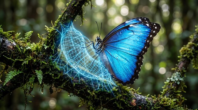 A vibrant blue morpho butterfly emerging from a glowing blue digital wireframe cocoon on a mossy tree branch in a rainforest, representing digital transformation, artificial intelligence in nature.