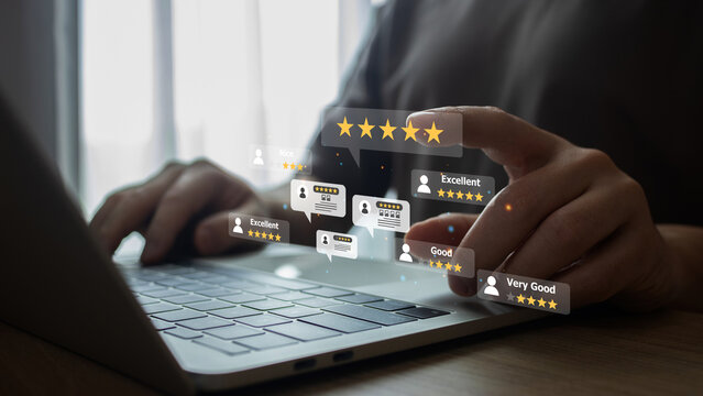 Customer use smartphone to Submit Feedback with Digital Satisfaction Ratings. Customer Service and Online Consumer Interaction in Business Platform, Virtual Icons for Positive Review.