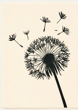 Dandelion seeds dispersed by wind in a vintage playing card inspired linocut print on textured offwhite paper