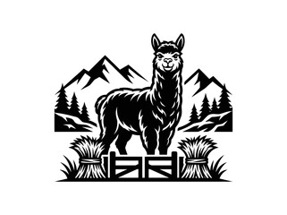 Naklejka premium Black and White Alpaca in Mountains with Hay Bales and Fence - Vector Art
