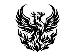 Fototapeta premium Black and White Stylized Phoenix Bird with Flames Vector Graphic Logo for Mythology, Branding, and Strength