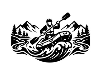 Fototapeta premium Black White Vector Icon of a Rafter in Rapids, Adventure Sport