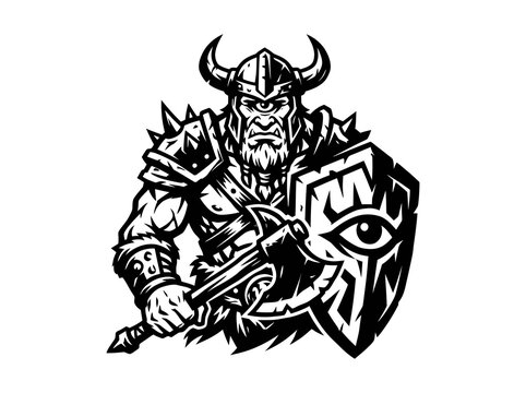 Black and white vector illustration of a cyclops viking warrior with axe and shield