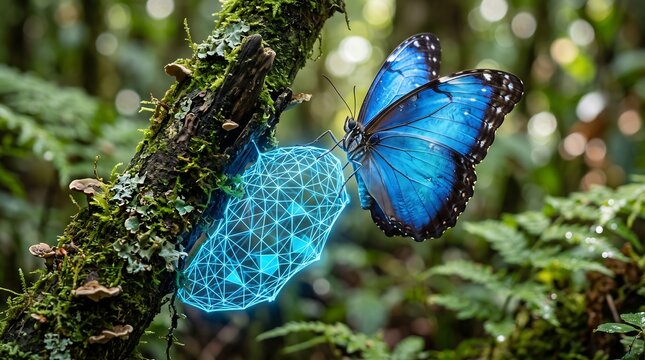 A vibrant blue morpho butterfly emerging from a glowing blue digital wireframe cocoon on a mossy tree branch in a rainforest, representing digital transformation, artificial intelligence in nature.