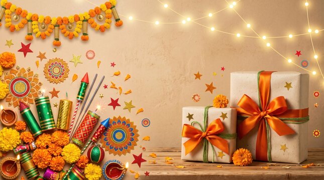 Diwali celebration with gifts and fireworks on a wooden table