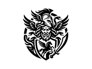 Fototapeta premium Black White Glyph Mythology Logo Emblem with Greek God Warrior, Spartan Helmet, Pegasus Snakes
