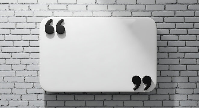 Blank whiteboard with quotation marks on brick wall.