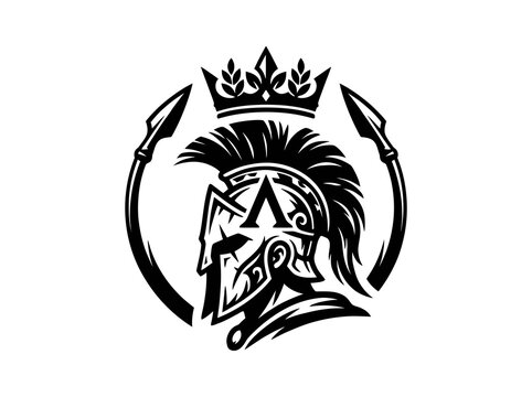 Black and White Vector Spartan Warrior Helmet Logo Emblem with Crown, Spears, and Lambda Symbol - Ancient Strength Design